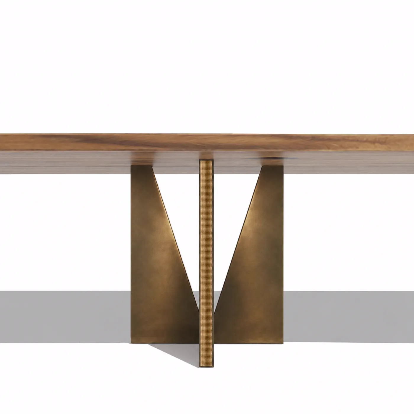 One AURUM base: bronzed iron uprights with a plate of textured brass under the walnut top