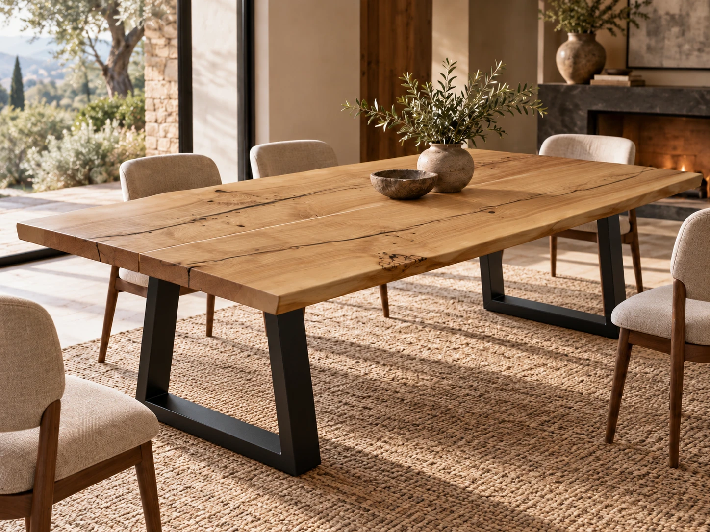 A live-edge oak table on black steel legs, with linen chairs, in a sunlit dining room with an olive tree and hills outside