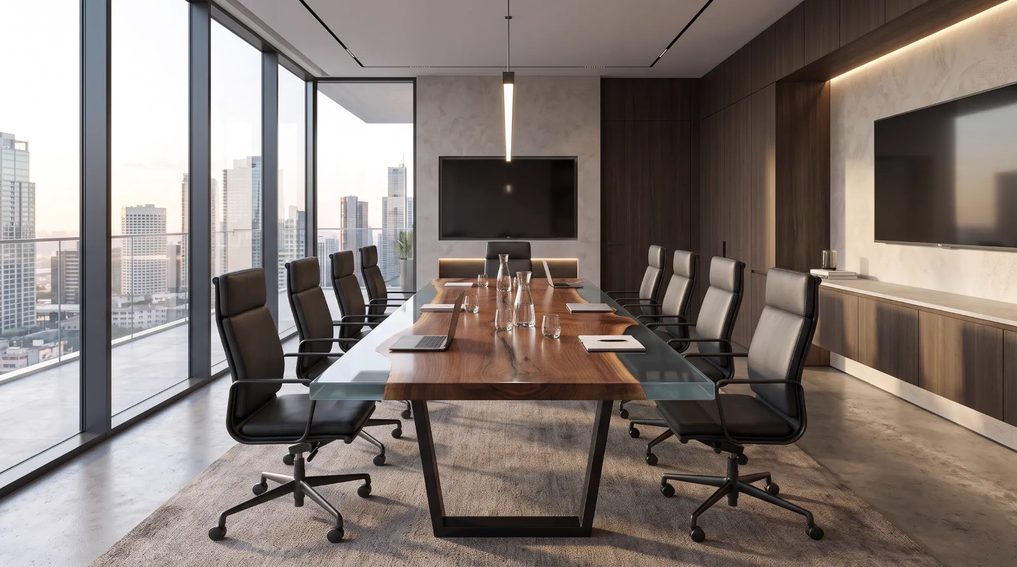 A walnut and glass river table with black leather chairs in a meeting room above the city