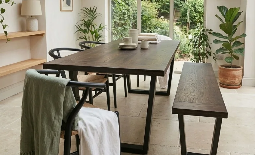 A squared bench beside an Essenziale table