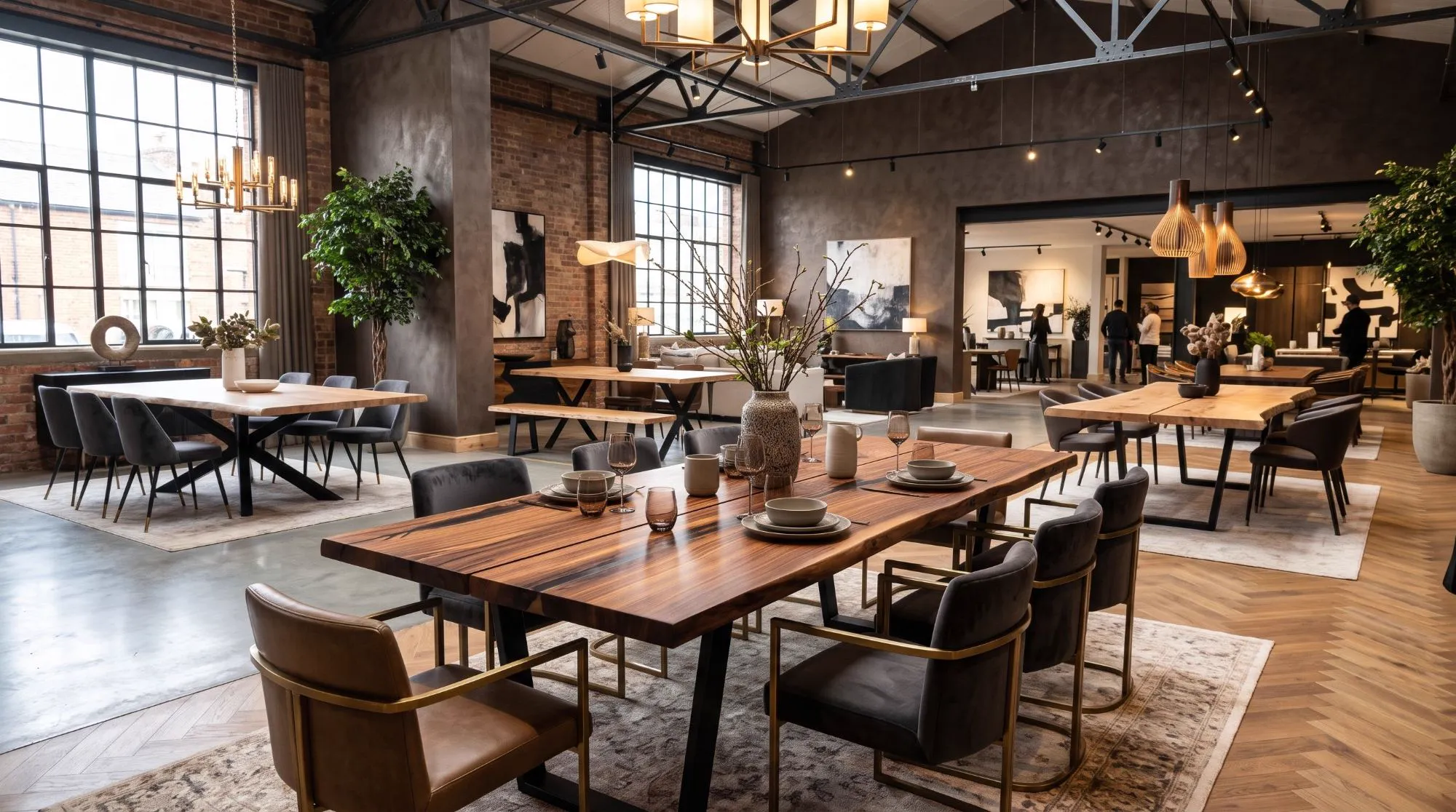 A walnut table laid in a furniture showroom, with more tables set out across the floor