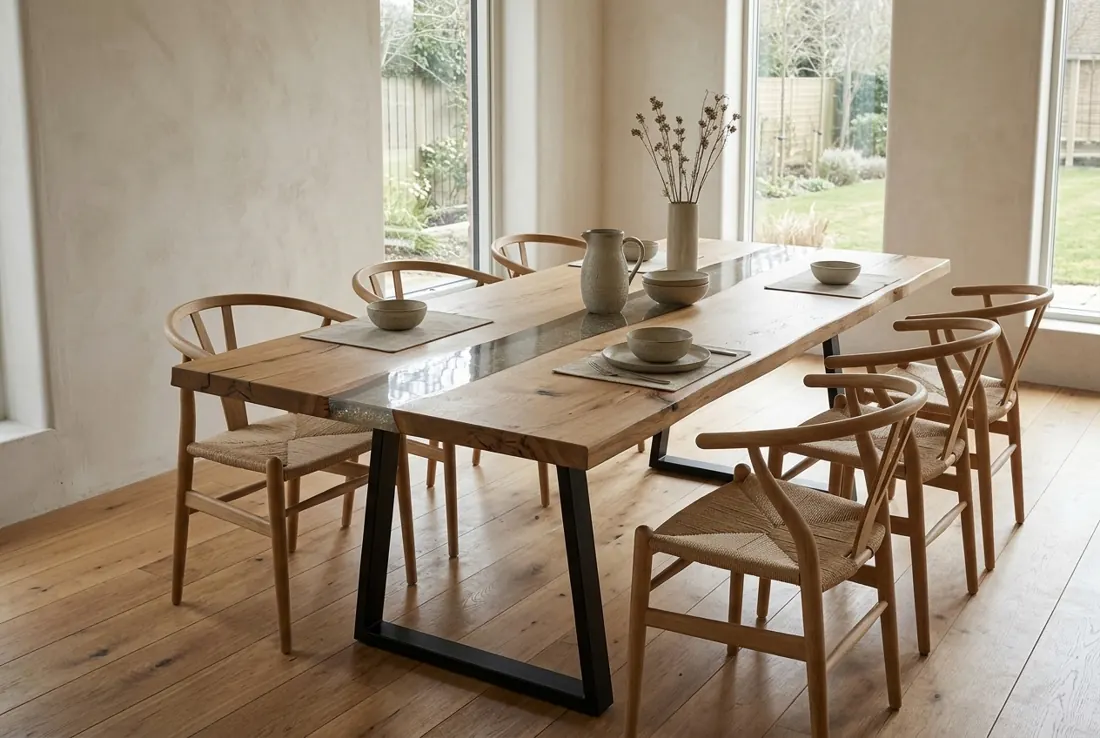 An oak Elegante river table with wooden chairs in a bright dining room