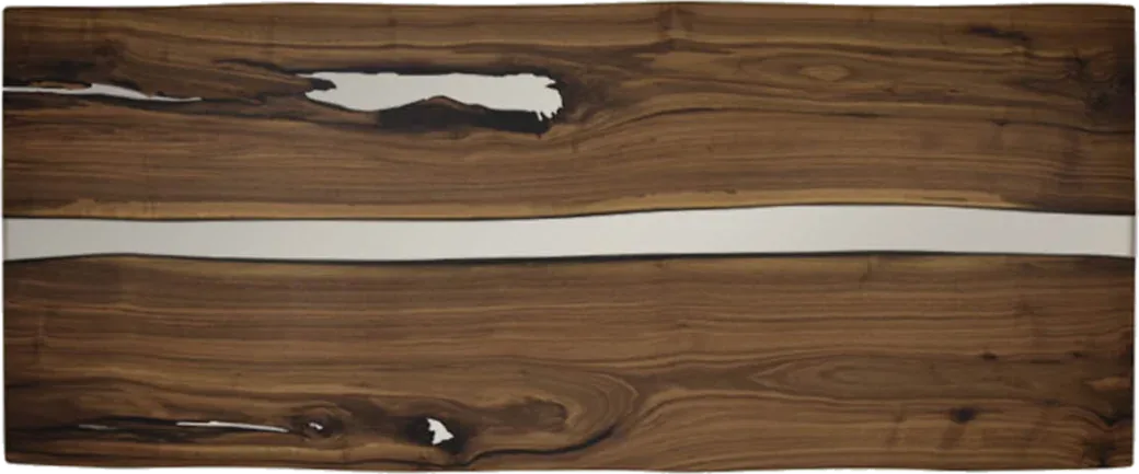 River table no. R0005 in walnut, seen from above: two live-edge slabs, a resin river between them and a knot filled with clear resin
