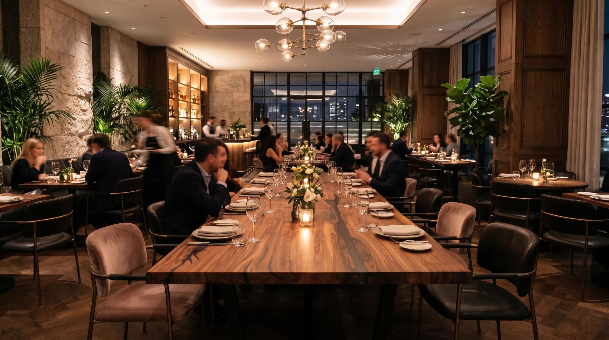 Un lungo tavolo river in noce apparecchiato per la cena in un ristorante pieno, di sera